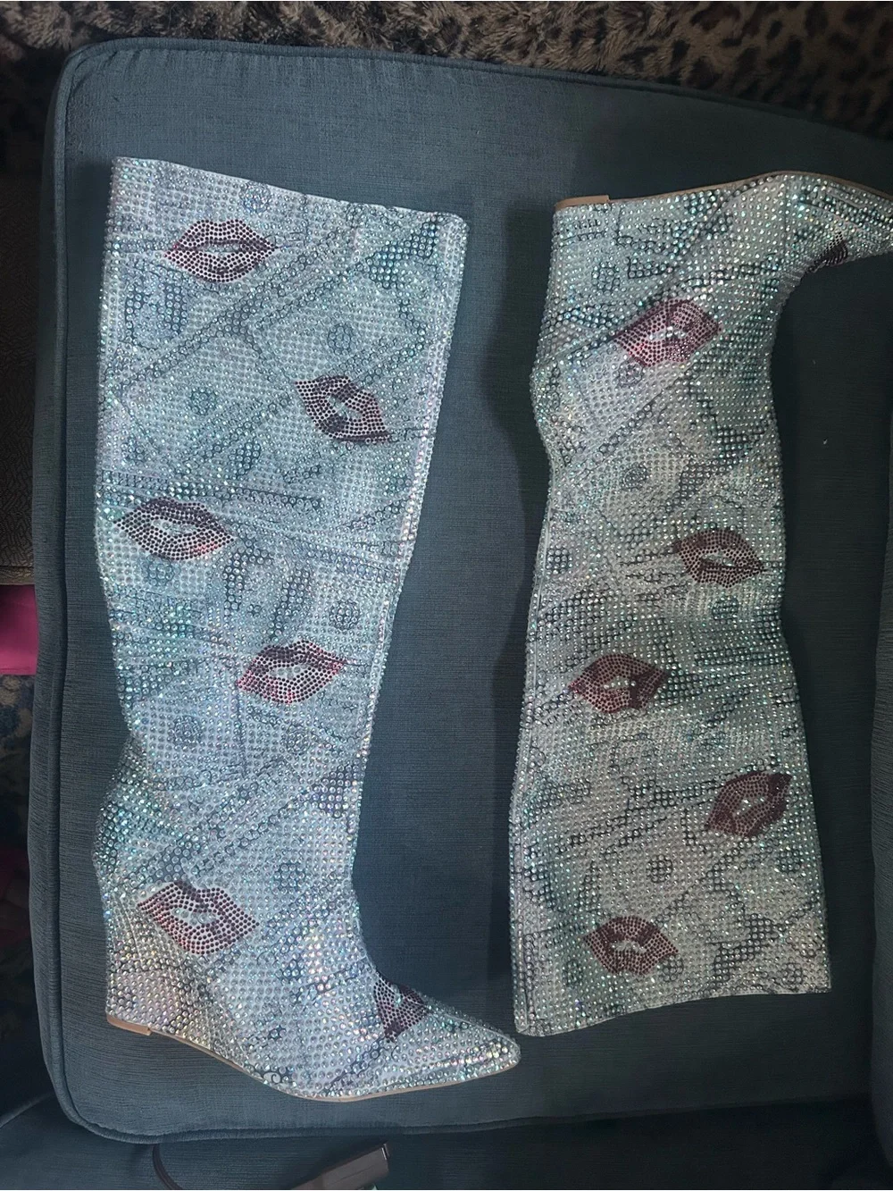 Cape Robbin Iridescent Crystal Over-the-Knee Boots with Red Lip Accents